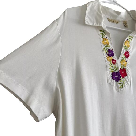 Bechamel Floral Embroidered Polo T-shirt White Top Short Sleeve Women’s Size 3X - Picture 3 of 11